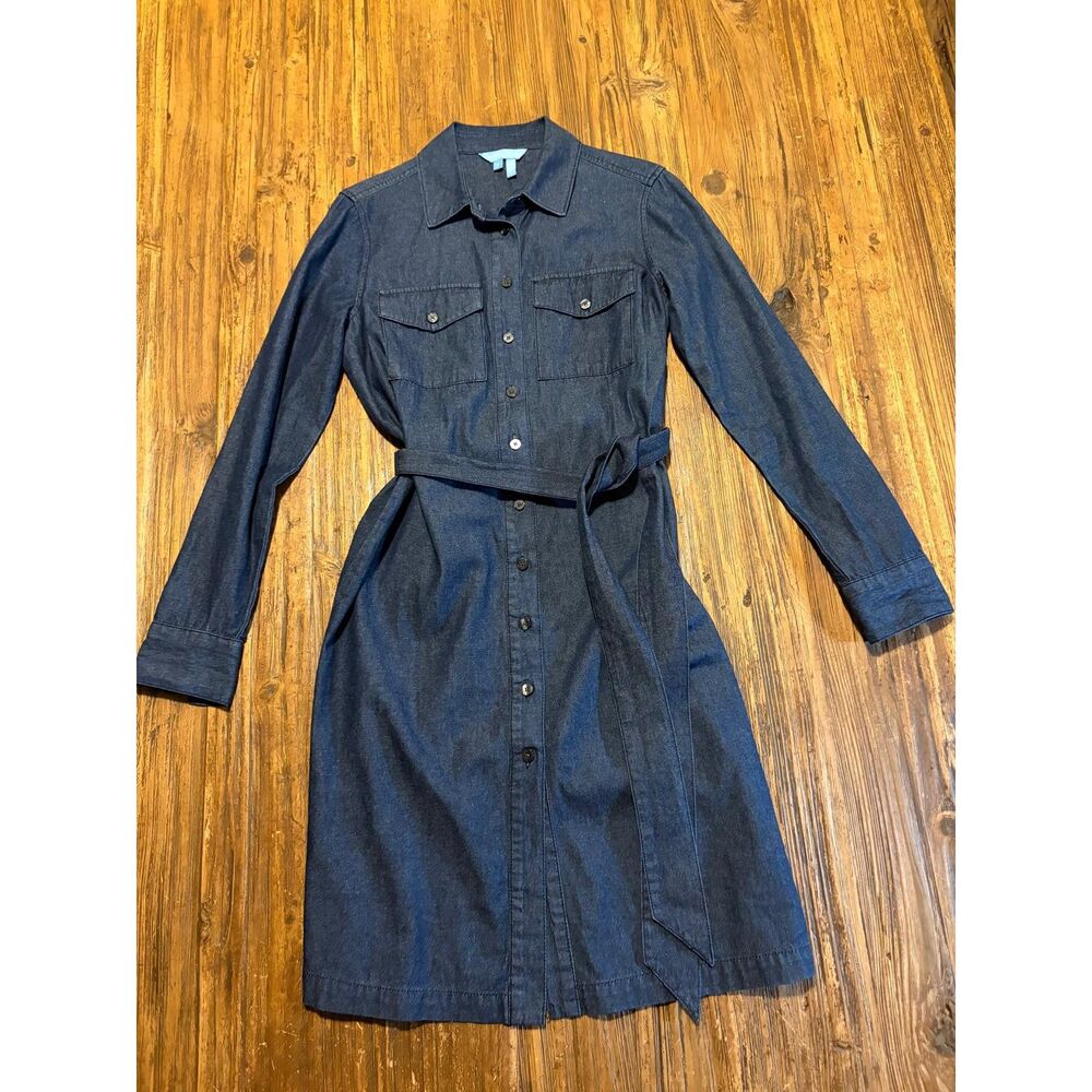 Classy Dark Wash Long Sleeve Belted Denim Shirt Dress - Size 0